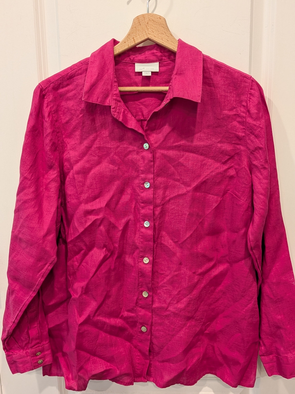 J. Jill Linen Button Down Shirt Women M petite Long Sleeve Tunic Magenta pink